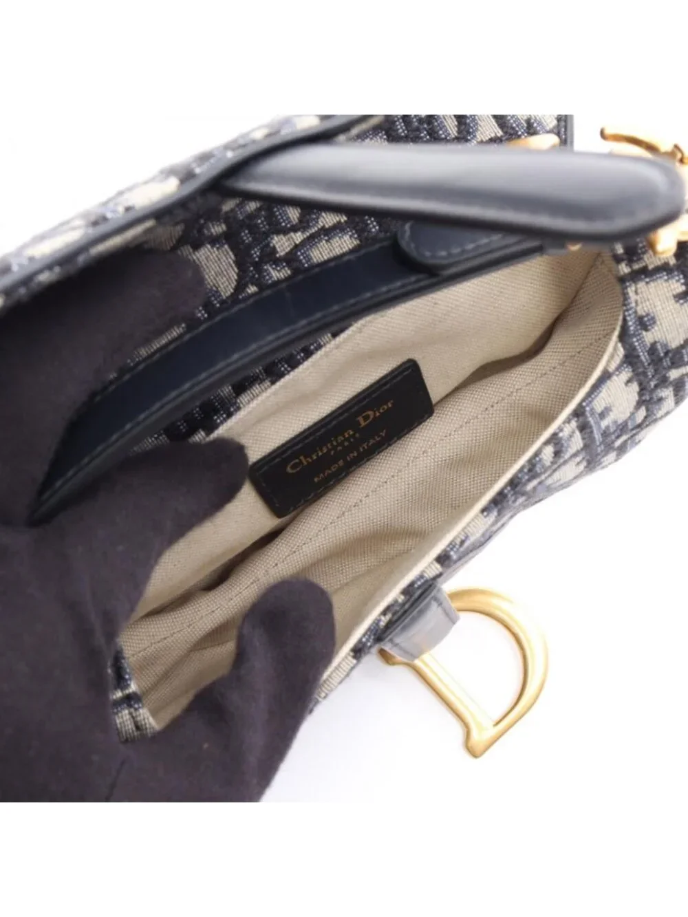 Dior Handbag Saddle Oblique Navy Canvas Leather Bag Mini